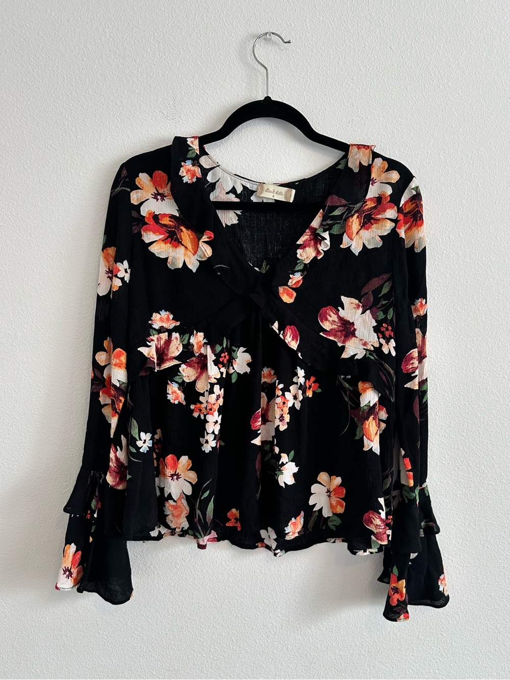 Altar’d State Black Floral Long Sleeve Flowy Bell Sleeve Ruffle Neck Top Size S